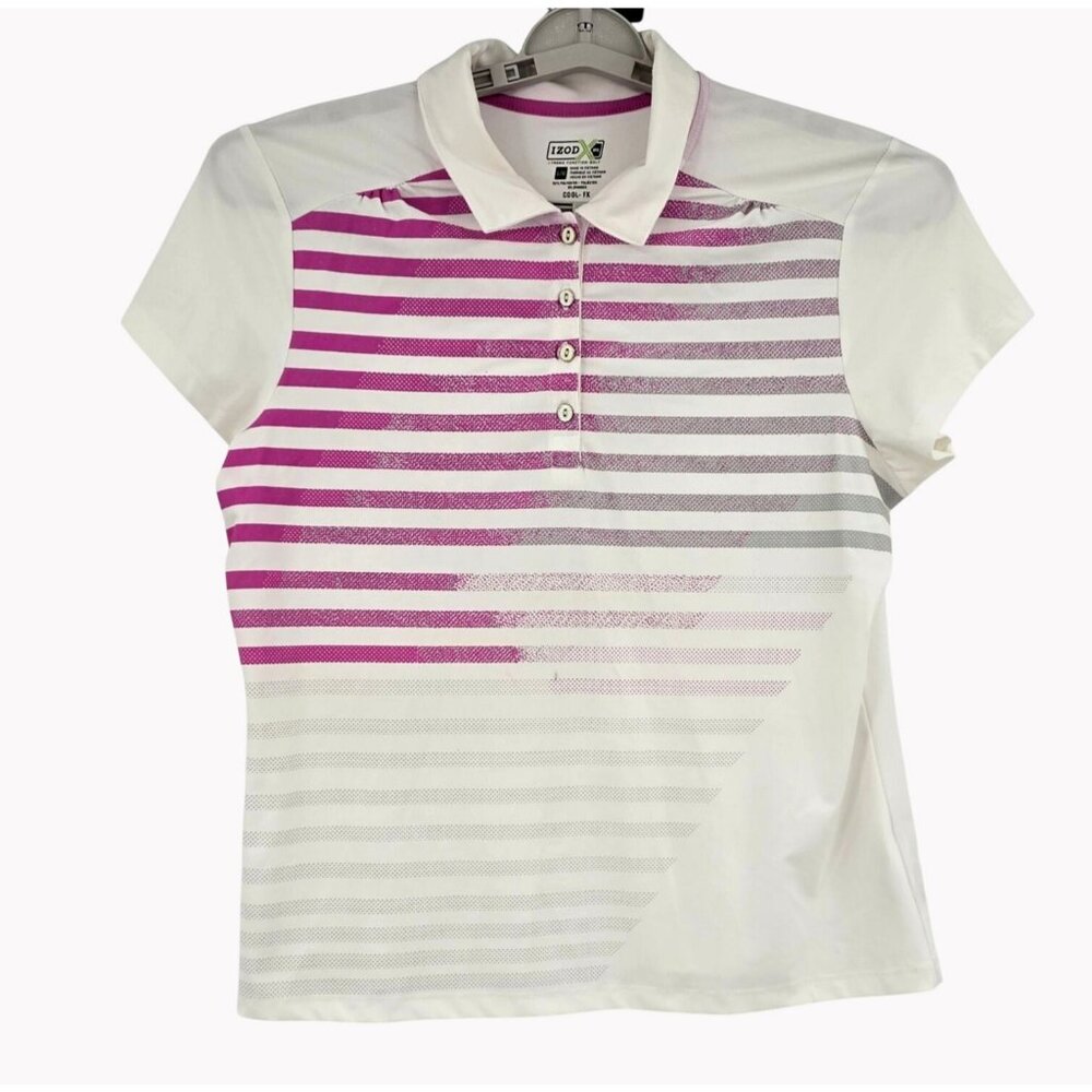 IZOD XFG Womens L White Pink Striped Cool FX Polo Shirt Athletic